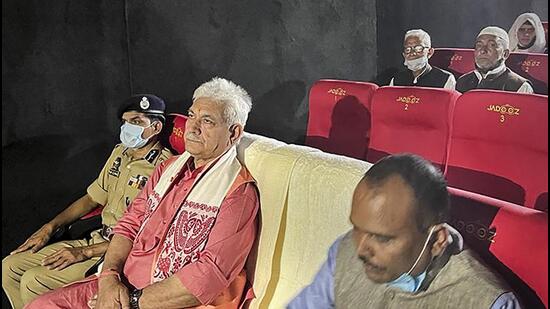 Jammu & Kashmir lieutenant governor Manoj Sinha’s office tweeted photos of the L-G attending a screening of the Bollywood movie ‘Bhaag Milkha Bhaag’ at the newly inaugurated cinema hall. (PTI)