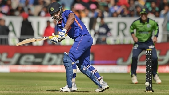 Indian batter Sanju Samson plays a shot during the 2nd T20 cricket match between India and Ireland(PTI)