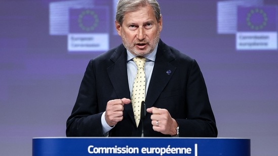 EU commissioner for Budget and Administration Johannes Hahn addresses a press conference on the protection of the EU budget in Hungary (Rule of Law Conditionality Mechanism) at the EU headquarters in Brussels on Sunday.(AFP)