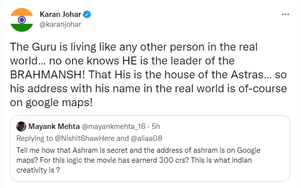 Karan Johar's tweet defending Brahmastra.
