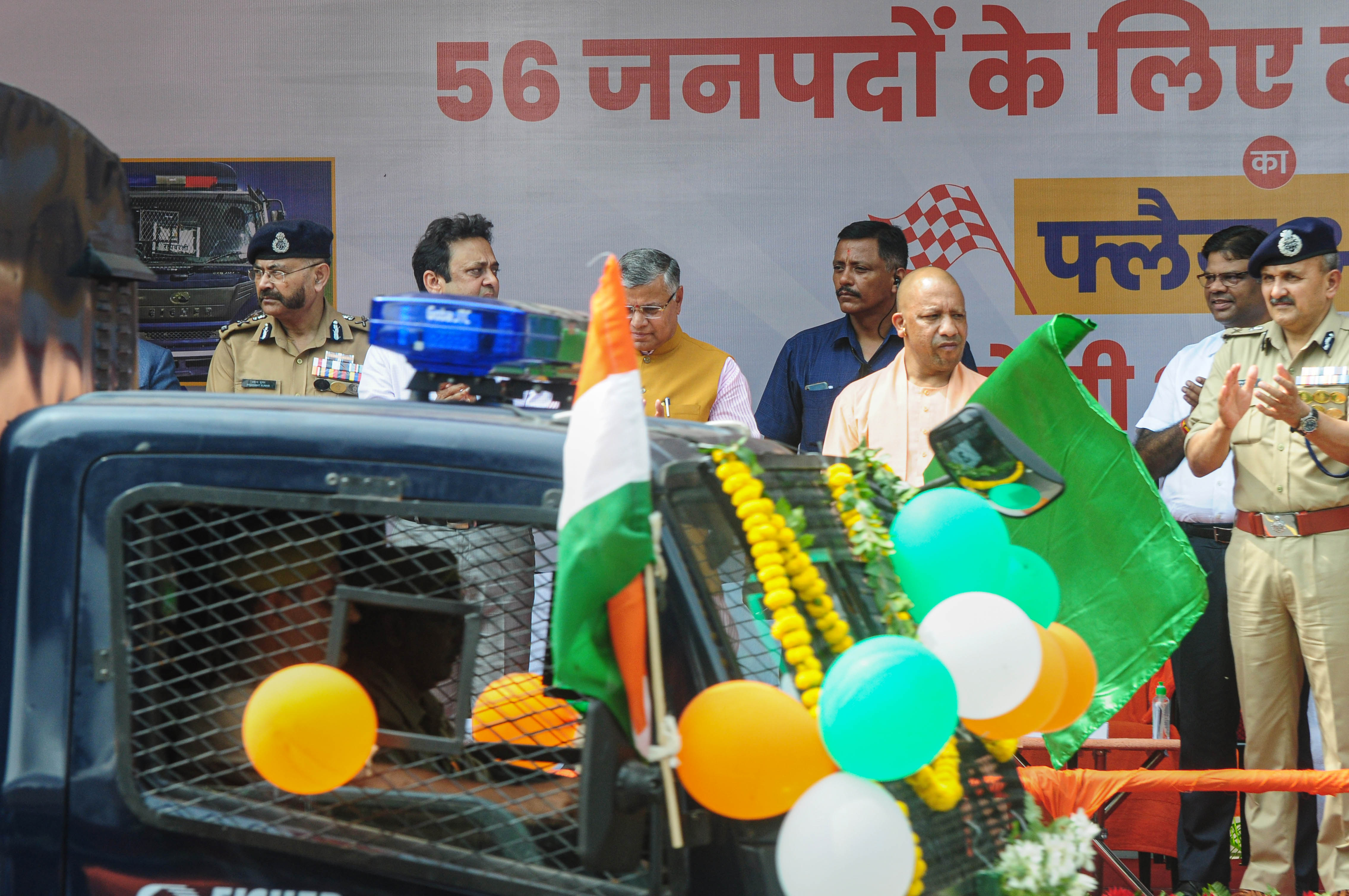 Uttar Pradesh CM Yogi Adityanath flags off modern prison vans for 56 districts at his official residence in Lucknow on Sunday. (PTI) Uttar Pradesh CM Yogi Adityanath flags off modern prison vans for 56 districts at his official residence in Lucknow on Sunday. (PTI)