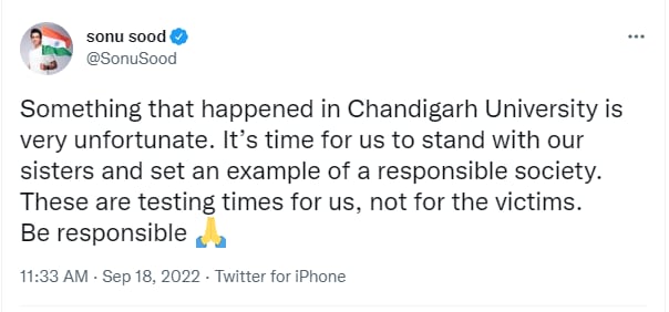 Sonu Sood's tweet on the Chandigarh University video leak