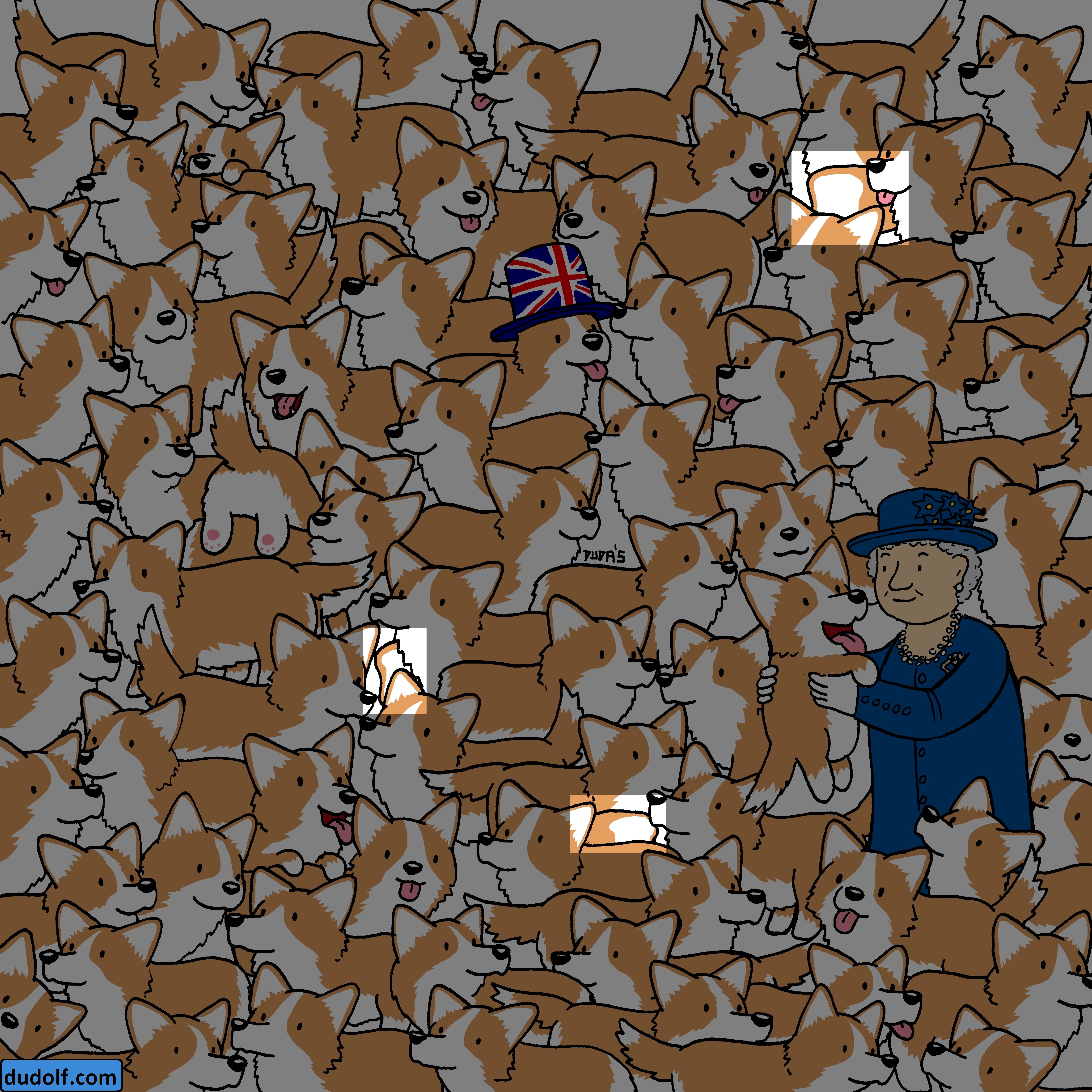 The image highlights three loaves of breads hidden amongst the Corgi dogs. (Gergely Dudás) The image highlights three loaves of breads hidden amongst the Corgi dogs. (Gergely Dudás)