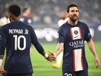 Paris Saint-Germain's Argentine forward Lionel Messi (R) is congratulated by Paris Saint-Germain's Brazilian forward Neymar after scoring a goal during the French L1 Paris Saint-Germain's Argentine forward Lionel Messi (R) is congratulated by Paris Saint-Germain's Brazilian forward Neymar after scoring a goal during the French L1
