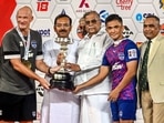 Chief of Army Staff Manoj Pande, West Bengal Governor La Ganeshan and West Bengal Sports Minister Aroop Biswas handover the Durand Cup-2022 trophy to Bengaluru FC captain Sunil Chhetri&nbsp;