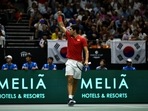 Spain's Carlos Alcaraz reacts during his match against Republic of Korea's Kwon Soon-woo