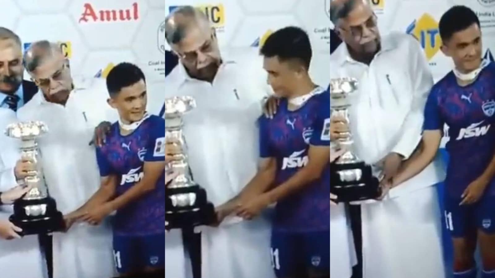 Watch: Minister pushes away Sunil Chhetri for obstructing his view for a photo, gets slammed on Twitter; ‘Shameless…’