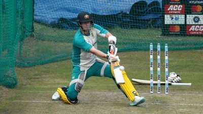 Steve Smith plays a lap shot in Australia's training session Steve Smith plays a lap shot in Australia's training session