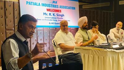 Union power minister RK Singh addressing members of Patiala Industrial Association on Monday. (@RajKSinghIndia/Twitter) Union power minister RK Singh addressing members of Patiala Industrial Association on Monday. (@RajKSinghIndia/Twitter)