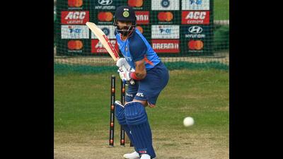 Virat Kohli practising at PCA Stadium in Mohali ahead of India’s T20 tie with Australia. (Keshav Singh/HT)
