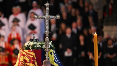 Queen Elizabeth II's Funeral: The Archbishop of Canterbury Justin Welby leads a service for the reception of Queen Elizabeth II's coffin. (Reuters)