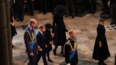 Queen Elizabeth II's Funeral: Britain's William, Prince of Wales, Catherine, Princess of Wales, Prince George and Princess Charlotte attend state funeral of Queen Elizabeth. (Reuters)
