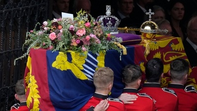 Queen Elizabeth II's Funeral: Pall bearers carry the coffin of Queen Elizabeth II at Windsor Castle. (AFP)