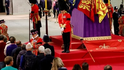 Queen Elizabeth II Funeral: Royal guards stand by the coffin of Britain's Queen Elizabeth II. (AP)