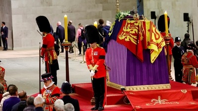 Queen Elizabeth II's Funeral: Royal guards stand by the coffin of Britain's Queen Elizabeth II. (AP) Queen Elizabeth II's Funeral: Royal guards stand by the coffin of Britain's Queen Elizabeth II. (AP)