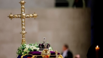 Queen Elizabeth II Funeral: A view of Queen Elizabeth's coffin during her lying in state at Westminster Hall, in Westminster Palace, in London. (AP) Queen Elizabeth II Funeral: A view of Queen Elizabeth's coffin during her lying in state at Westminster Hall, in Westminster Palace, in London. (AP)