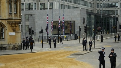 Queen Elizabeth II's Funeral: Police officers take positions near The Sanctuary, before the coffin of Queen Elizabeth II is carried into Westminster Abbey for her funeral in central London. (AP)