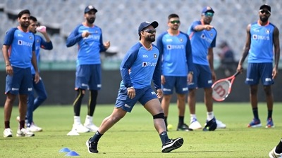 Rishabh Pant along with his teammates attend a practice session in Mohali (AFP) Rishabh Pant along with his teammates attend a practice session in Mohali (AFP)