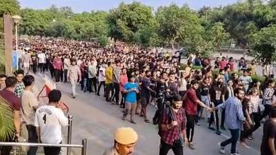 Chandigarh University case: Students stage a protest over video incident. (PTI Photo) (PTI) Chandigarh University case: Students stage a protest over video incident. (PTI Photo) (PTI)