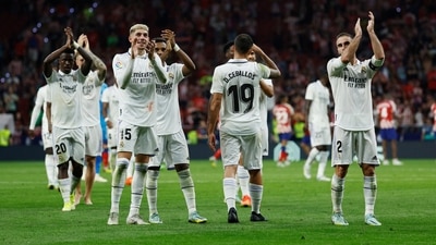 Real Madrid's Federico Valverde with teammates applaud fans after the match&nbsp; (REUTERS)