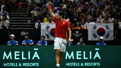 Spain's Carlos Alcaraz reacts during his match against Republic of Korea's Kwon Soon-woo (REUTERS)