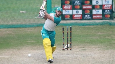 Glenn Maxwell was seen batting left-handed during a practice session. (PCA) Glenn Maxwell was seen batting left-handed during a practice session. (PCA)