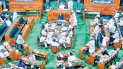 New Delhi, Aug 08 (ANI): Opposition MPs create a ruckus in the Well of Lok Sabha during the Monsoon Session of Parliament, in New Delhi on Monday. (ANI Photo/Sansad TV) (ANI) New Delhi, Aug 08 (ANI): Opposition MPs create a ruckus in the Well of Lok Sabha during the Monsoon Session of Parliament, in New Delhi on Monday. (ANI Photo/Sansad TV) (ANI)