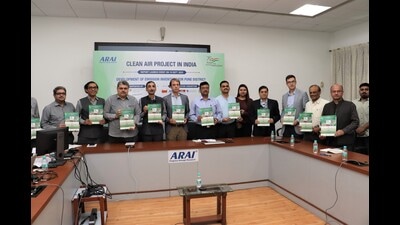 The ARAI officials along with representatives from Swiss Agency for Development and Cooperation (SDC) and TERI launched the ‘Development of Emission Inventory for Pune District’ report at the ARAI campus on Monday. (HT PHOTO) The ARAI officials along with representatives from Swiss Agency for Development and Cooperation (SDC) and TERI launched the ‘Development of Emission Inventory for Pune District’ report at the ARAI campus on Monday. (HT PHOTO)