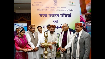 The Union minister for Culture, Tourism and Development of North Eastern Region (DoNER), G Kishan Reddy lighting the lamp at the National Conference of State Tourism Ministers at Dharamshala in Himachal Pradesh on Monday. (ANI/PIB) The Union minister for Culture, Tourism and Development of North Eastern Region (DoNER), G Kishan Reddy lighting the lamp at the National Conference of State Tourism Ministers at Dharamshala in Himachal Pradesh on Monday. (ANI/PIB)