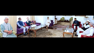 (Combo pictures) A delegation of United Ullmah-i-Ahlli Sunnah calls on Jammu and Kashmir Lieutenant Governor Manoj Sinha, at Raj Bhavan, in Srinagar on Monday. (ANI) (Combo pictures) A delegation of United Ullmah-i-Ahlli Sunnah calls on Jammu and Kashmir Lieutenant Governor Manoj Sinha, at Raj Bhavan, in Srinagar on Monday. (ANI)