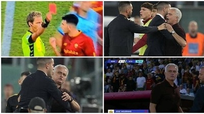 Jose Mourinho reacts after being sent off during the Serie A tie between AS Roma and Atalanta. Jose Mourinho reacts after being sent off during the Serie A tie between AS Roma and Atalanta.