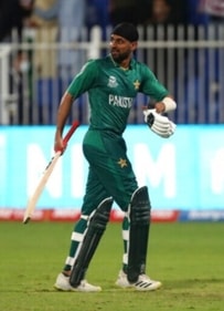 Pakistan's Shoaib Malik celebrates scoring fifty runs during the Cricket Twenty20 World Cup match between Pakistan and Scotland in Sharjah, UAE. (AP)