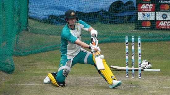 Steve Smith plays a lap shot in Australia's training session