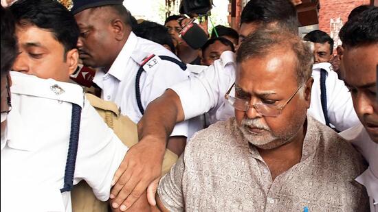 Former West Bengal minister Partha Chatterjee being produced at the Alipore Court by the CBI in connection with the alleged teacher’s recruitment scam. (ANI Photo)