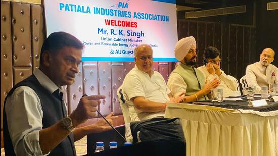 Union power minister RK Singh addressing members of Patiala Industrial Association on Monday. (@RajKSinghIndia/Twitter)