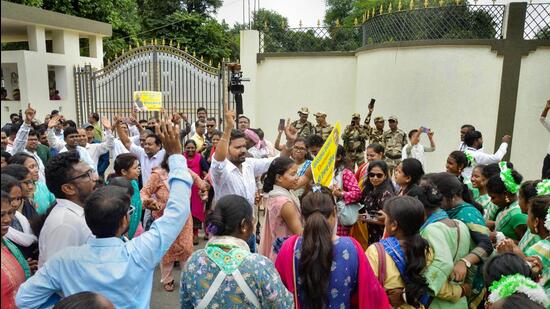 People celebrate outside Jharkhand chief minister Hemant Soren's residence over the amendment of the state's domicile policy in Ranchi on Thursday. (PTI)
