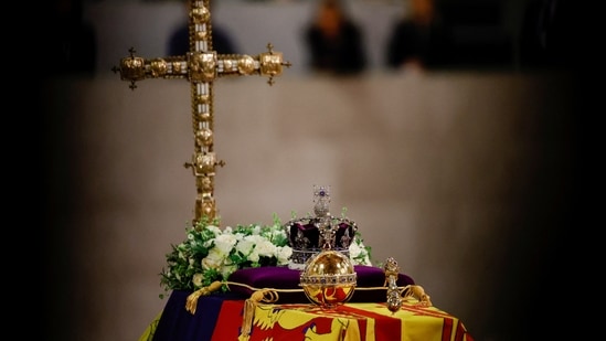 Queen Elizabeth II Funeral: A view of the coffin of Queen Elizabeth, draped in the Royal Standard.(Reuters)