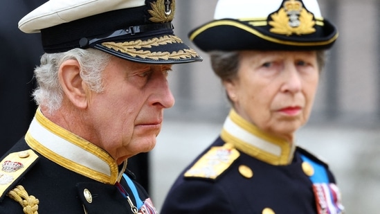 Britain's King Charles III and his sister Britain's Princess Anne, Princess Royal arrives to take their seats inside Westminster Abbey in London.(AFP)