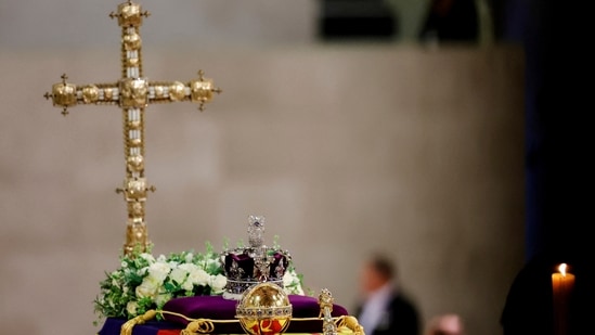 Queen Elizabeth II Funeral: A view of Queen Elizabeth's coffin during her lying in state at Westminster Hall, in Westminster Palace, in London.(AP)