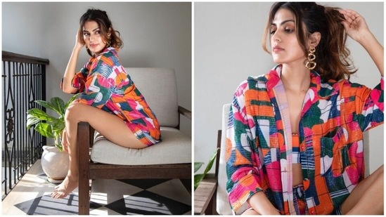 Rhea Chakraborty has lately been keeping her fans entertained with her social media posts featuring her in stylish designer fits. Recently, she tumbled upon a photoshoot for which she donned a quirky printed co-ord set.(Instagram/@_rheachakraborty)