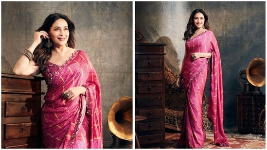 Madhuri Dixit's traditional look in a beautiful rani pink block printed saree.(Instagram/@madhuridixt)