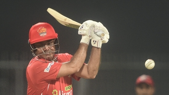 Gujarat Giants captain Virender Sehwag plays a shot during the Legends League Cricket 2022 match (PTI)