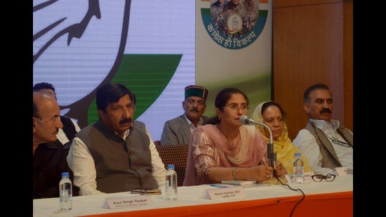 Congress meeting in progress in Shimla on Monday. (Deepak Sansta/HT)