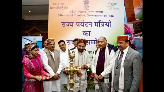 The Union minister for Culture, Tourism and Development of North Eastern Region (DoNER), G Kishan Reddy lighting the lamp at the National Conference of State Tourism Ministers at Dharamshala in Himachal Pradesh on Monday. (ANI/PIB)