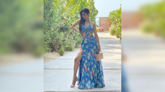 Mouni Roy's cut-out gown with slit is worth Rs. 45,000, as per the official website of the label.(Instagram/@imouniroy)