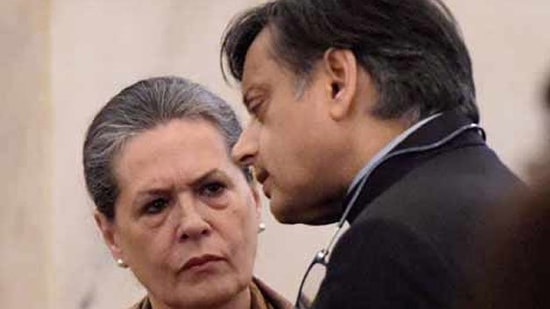 Congress interim president Sonia Gandhi and MP Shashi Tharoor.(File)