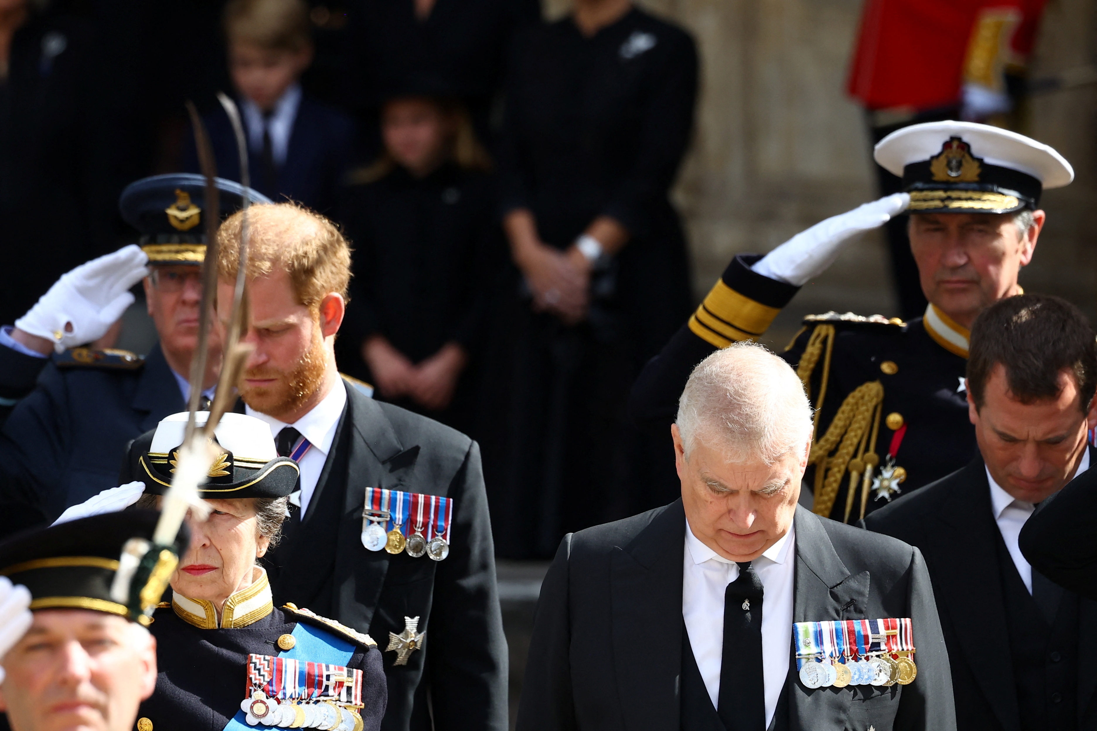 Queen Elizabeth II's Funeral: Britain's Anne, Princess Royal, Prince Andrew, Prince Harry, Duke of Sussex, Mark Phillips and Timothy Laurence attend the state funeral. (Reuters)