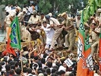 At 11am on Tuesday, BJP workers, led by state party chief Satish Poonia, began a march from the party office to protest against the spread of the disease.(HT_PRINT) At 11am on Tuesday, BJP workers, led by state party chief Satish Poonia, began a march from the party office to protest against the spread of the disease.(HT_PRINT)