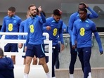 England's Jordan Henderson and England team mates during training.