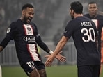 Lionel Messi and Neymar celebrate PSG's goal vs Lyon.(AFP) Lionel Messi and Neymar celebrate PSG's goal vs Lyon.(AFP)